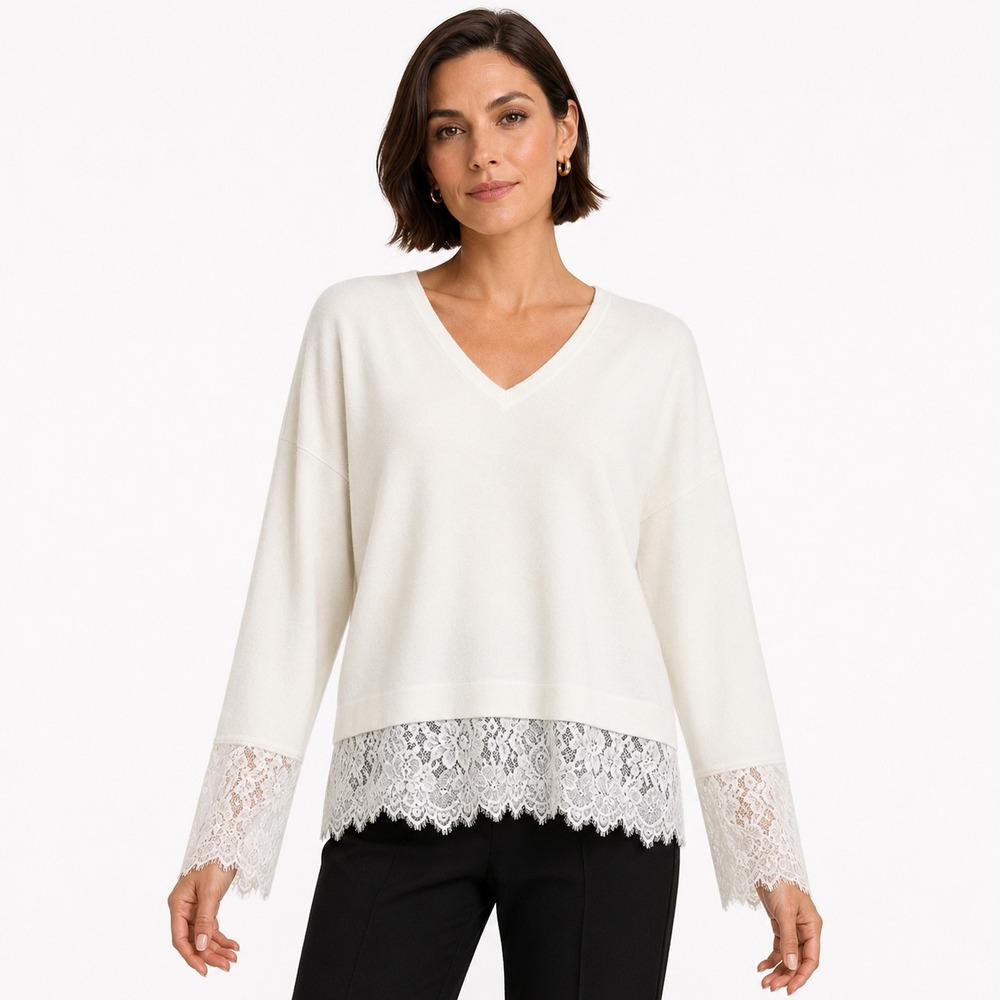 Adrianna Papell‎ Ivory Lace Trim V-Neck Sweater AD1S302273